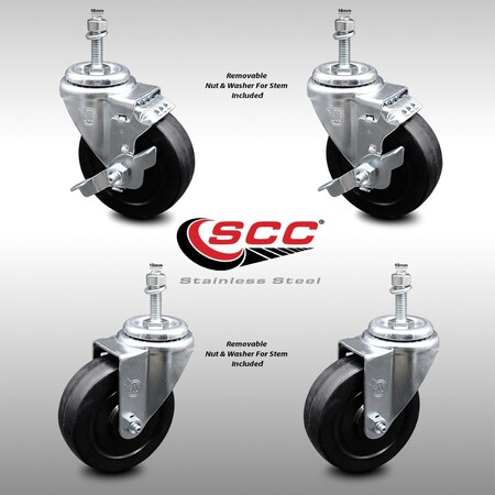 Service Caster 4 Inch SS Soft Rubber Wheel Swivel 10mm Threaded Stem Caster Brake SCC, 2PK SCC-SSTS20S414-SRS-M1015-2-TLB-2